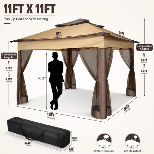 11x11ft Pop Up Gazebo Pavilion With Mosquito Netting Outdoor Canopy Tent With Carry Bag