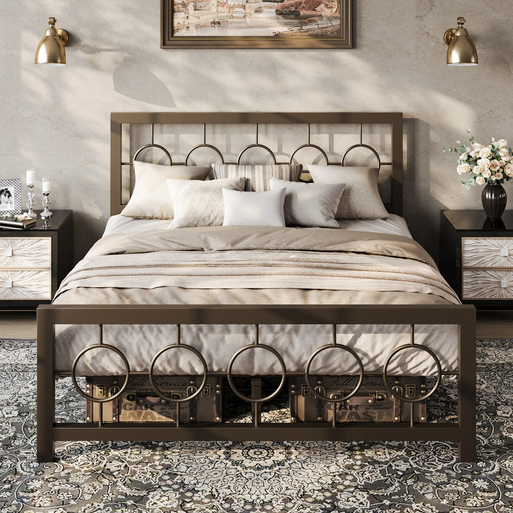 Metal Platform Bed Frame with Vintage Circular Design Headboard and Footboard, Extra Under-Bed Storage