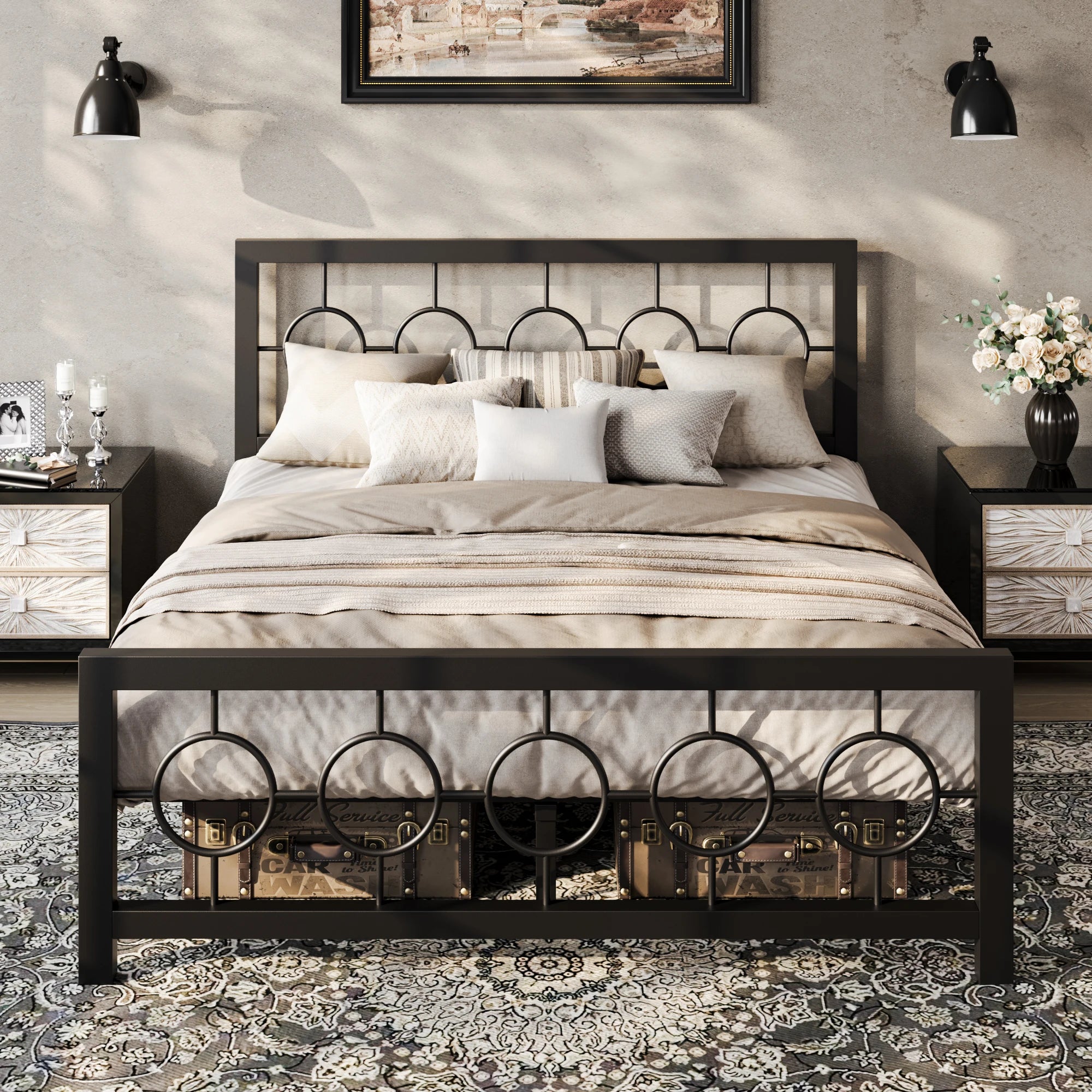 Metal Platform Bed Frame with Vintage Circular Design Headboard and Footboard, Extra Under-Bed Storage
