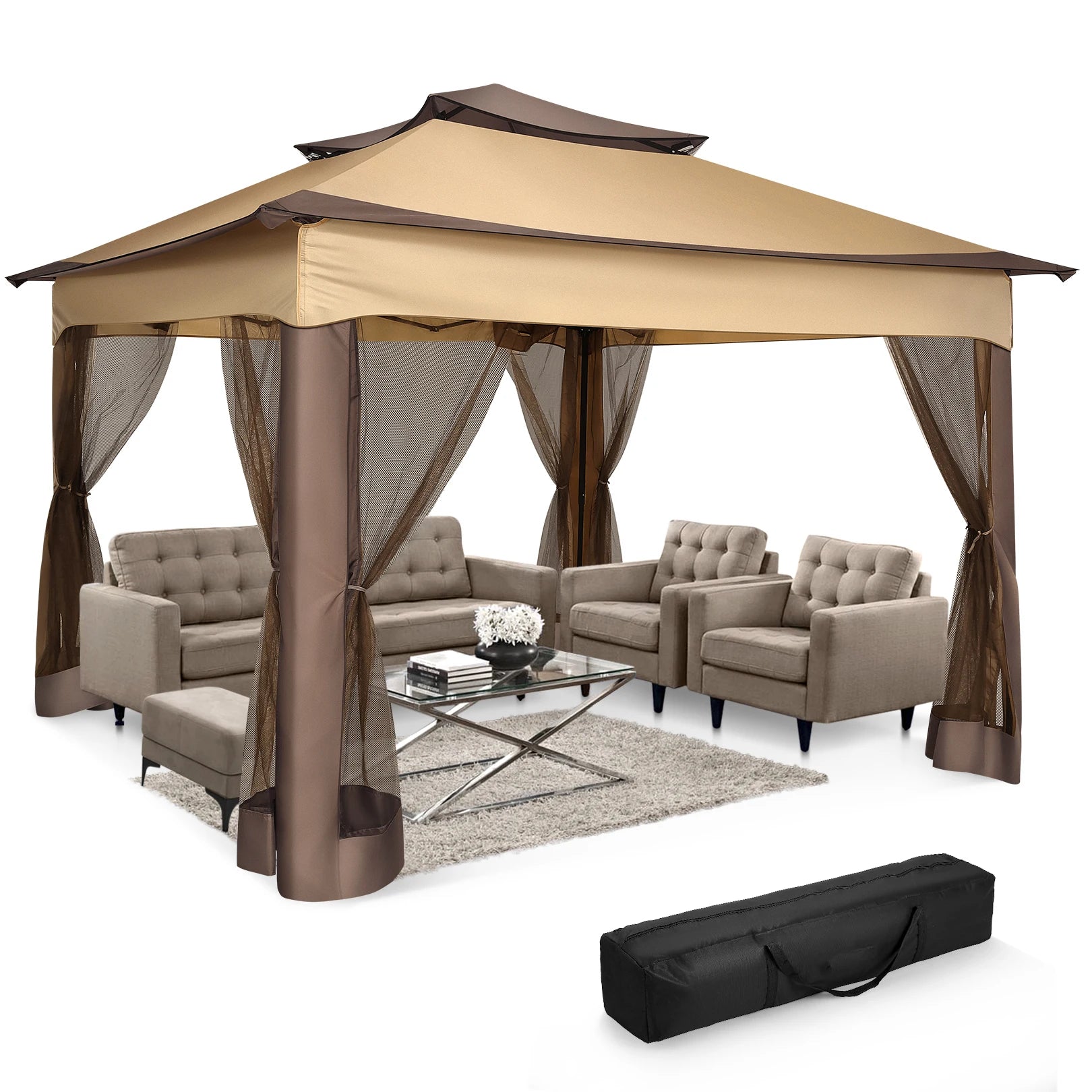 11x11ft Pop Up Gazebo Pavilion With Mosquito Netting Outdoor Canopy Tent With Carry Bag