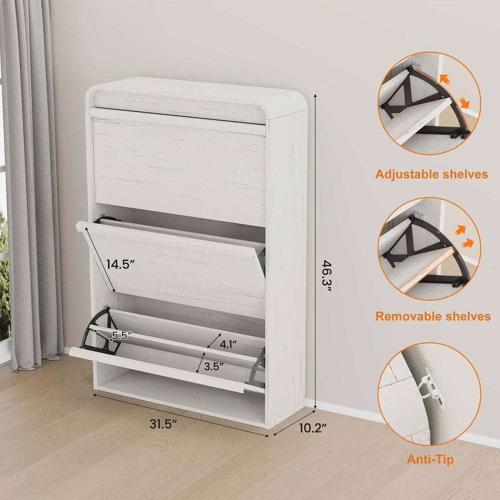 Shoe Cabinet with 3 Flip Drawers, Wooden Shoe Cabinet with Adjustable Shelf