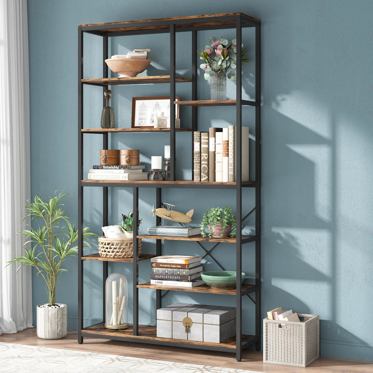79 Inches Bookcase with Open Shelves, 9-Tier Industrial Bookshelf, 10 Cube Storage Shelves Display Shelf