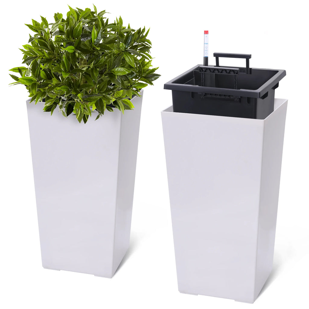 2pcs Outdoor Indoor Planter Pots, High Front Porch Planter Pots with Drainage Holes Auto Watering
