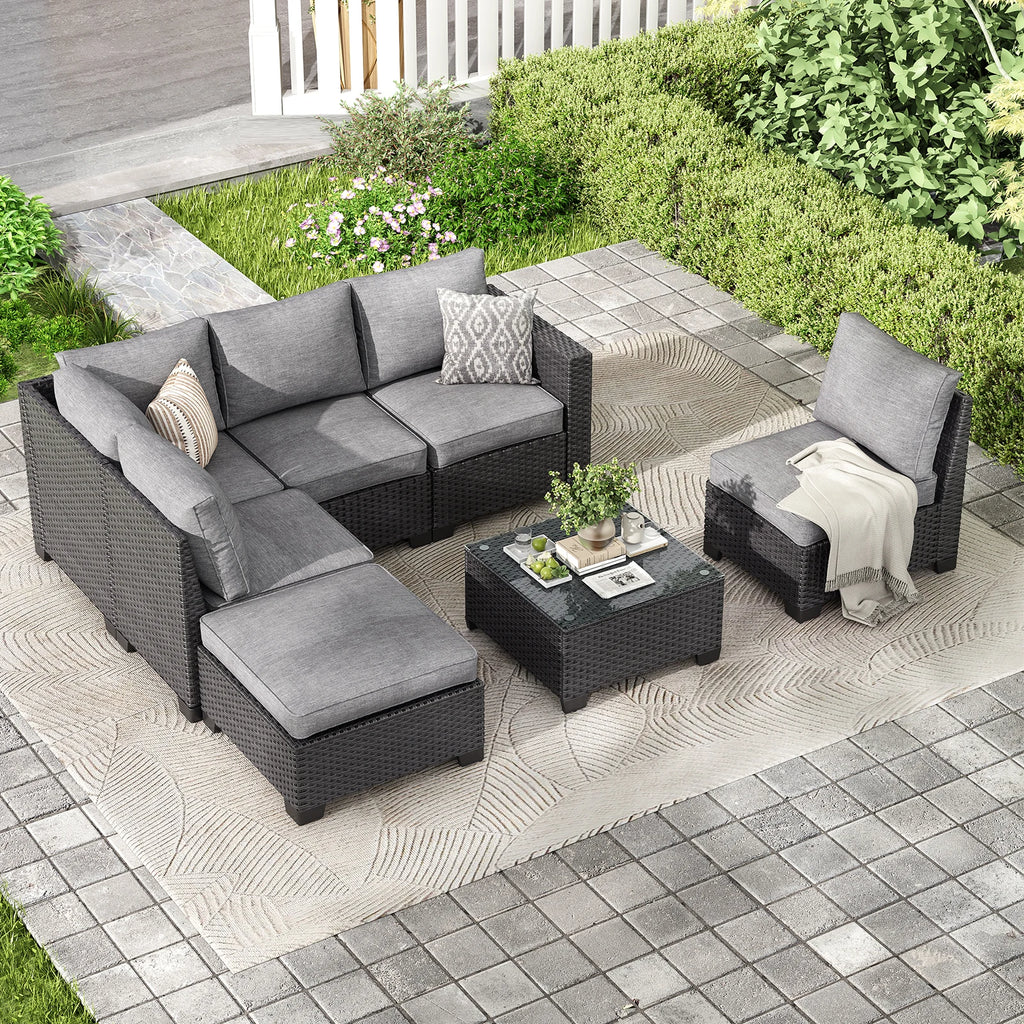Patio Sectional Sofa Set, Outdoor Furniture with Ottoman