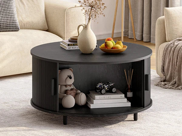 Round Coffee Table with Storage,31.5" Coffee Table with 360° Curved Sliding Door,