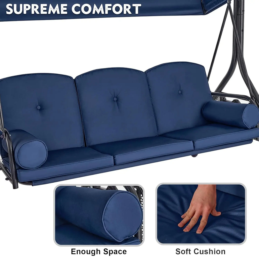 3 Seat Outdoor Porch Swing Bed Adjustable Canopy Convertible Patio Glider Cup Holder Cushions Pillow Backyard Customized