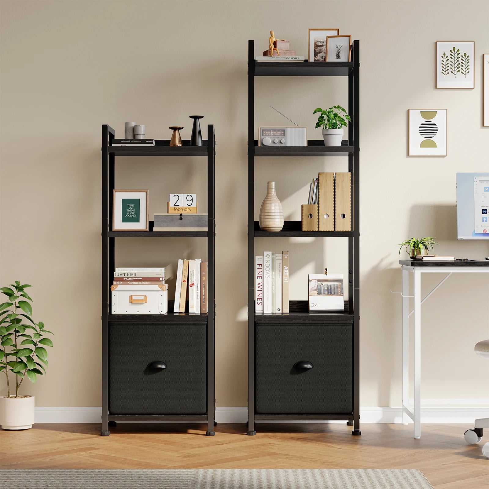 4-5 Tier Bookshelf with Fabric Drawer Standing Open Book Shelf Organizer Wood and Metal Storage Shelf Organizer in Living Room Bedroom