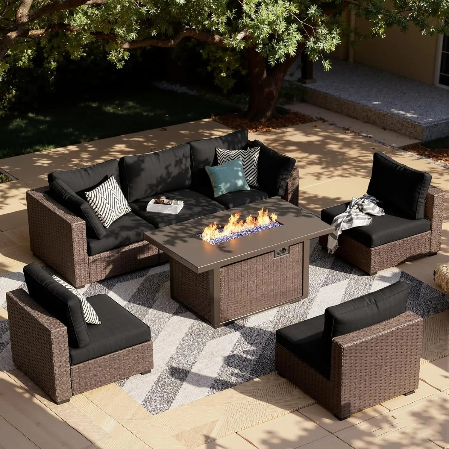 7-Pieces Patio Furniture Sets Outdoor Sectional Sofa with 44'' Propane Rattan Wicker Firepit Table,