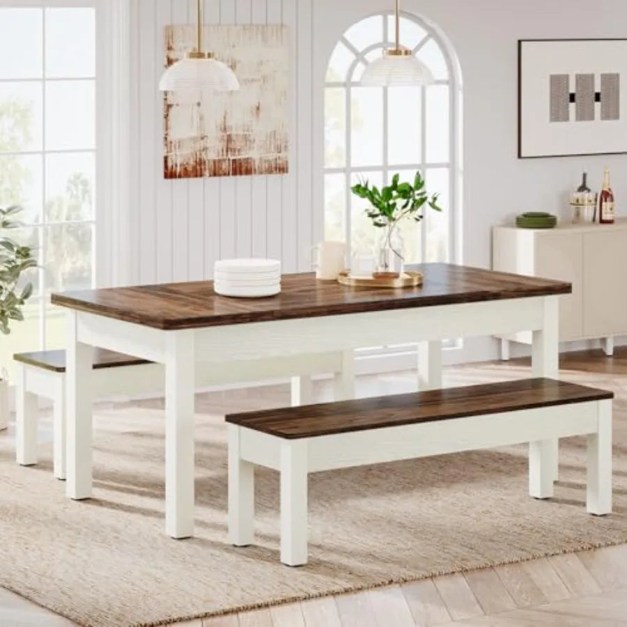Farmhouse Kitchen Table Set for 4-6, 55-Inch Wooden Dining Table with 2 Benches, Space Saving 3 Pieces Heavy Duty Dinette