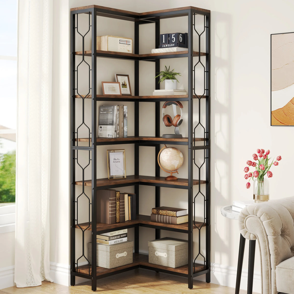 Corner Shelf, 7-Tier Industrial Corner Bookshelf, Wood and Metal Corner Etagere Bookcase, Freestanding Display Shelf