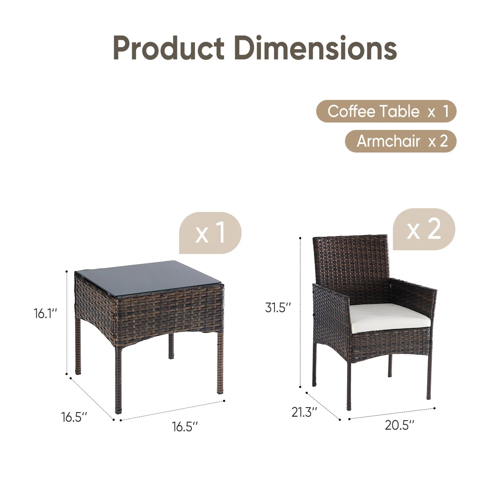 Large Size 3 Pieces Outdoor Patio Furniture Set All-Weather Wicker Bistro Set with Removable Cushions and Glass Table Garden