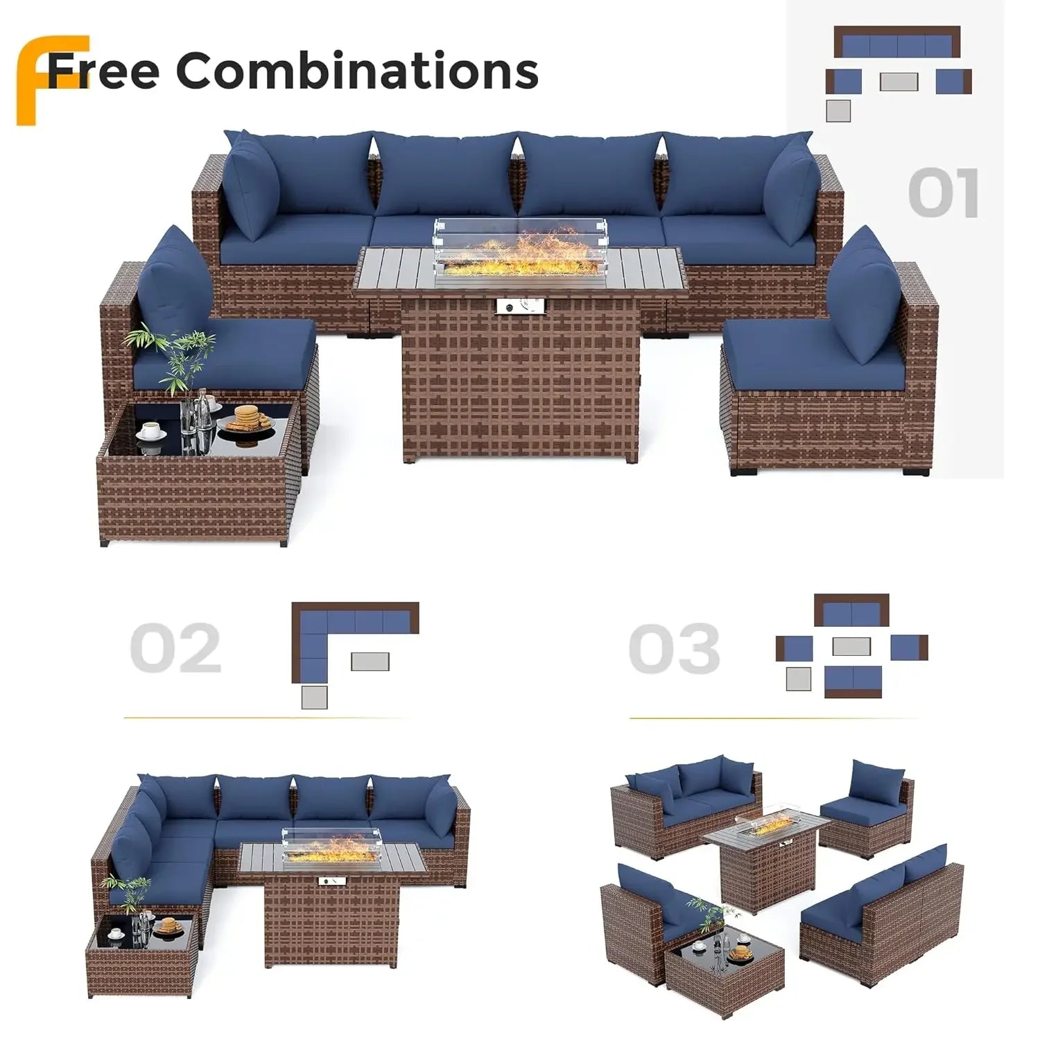 Furniture Set with Fire Pit Table, 8 Piece Sectional Sofas, All-Weather Wicker