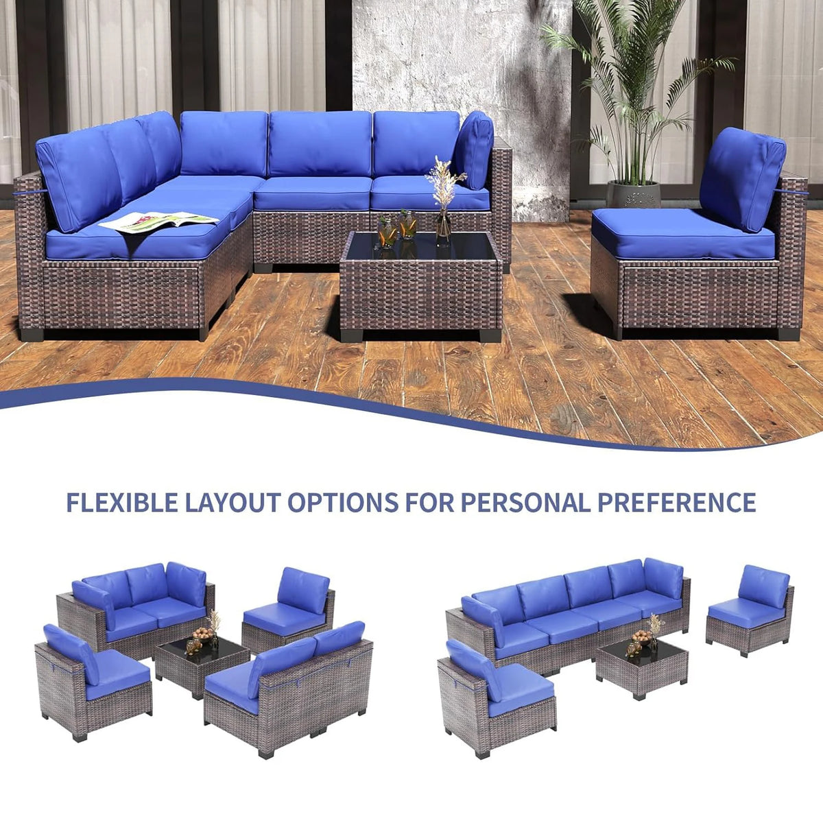 7-Piece Modular Outdoor Furniture Set, PE Rattan Wicker Sectional Modular Conversation Sofa Set