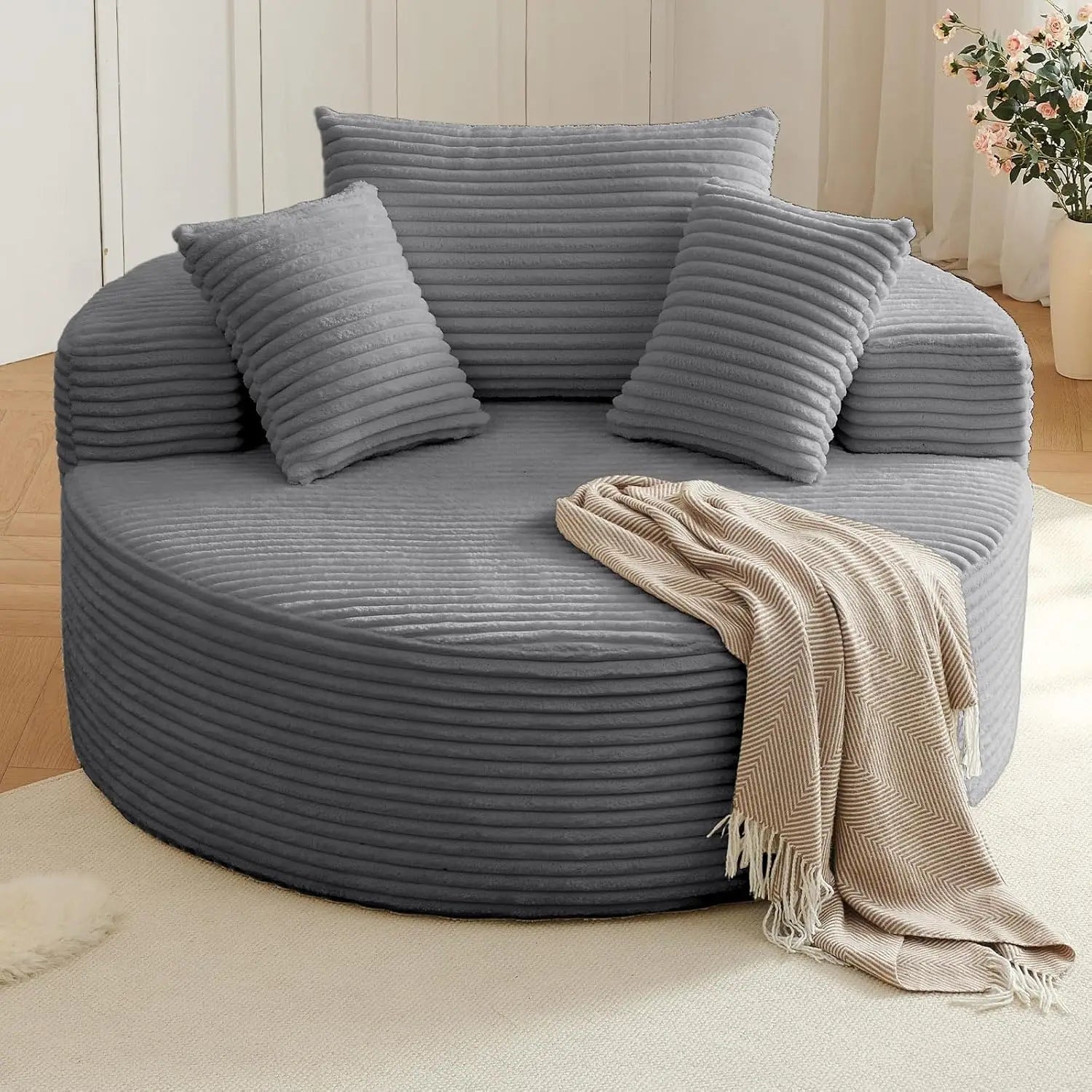 Oversized Round Chair Lounge Chaise, Upholstered Corduroy Deep Seat Cloud Large Circle Sofa Chair.