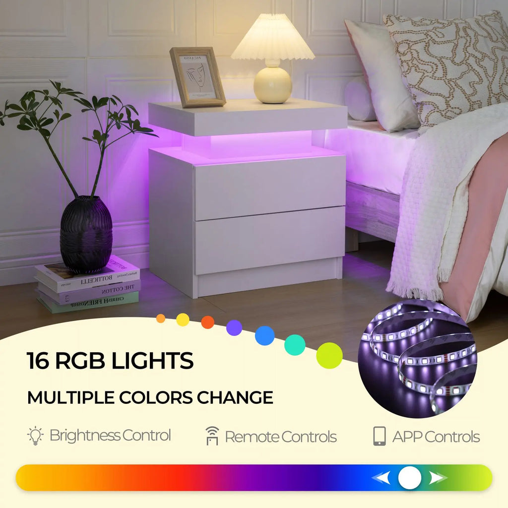 Cube LED Nightstands with 2 Drawers, End Table with RGB LED Lights for Bedroom Living Room, White Bedside Table