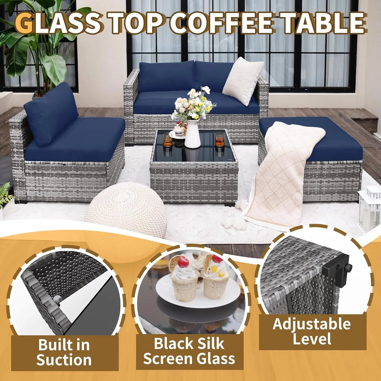 5 Piece Patio Furniture Set, All-Weather Wicker Outdoor Sectional Sofa, L Shaped Outdoor Conversation Couch with, Customized