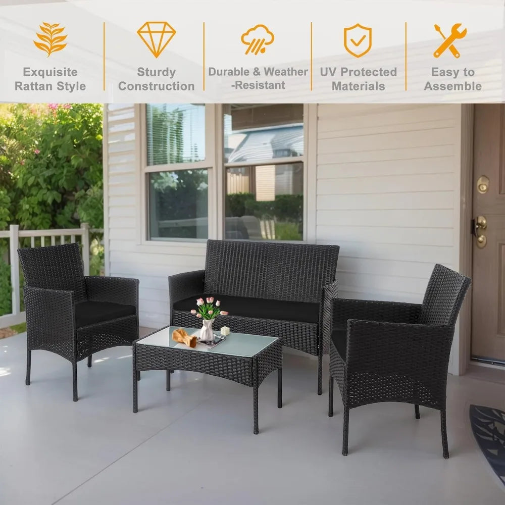 4 Piece Outdoor Wicker Conversation Furniture Set