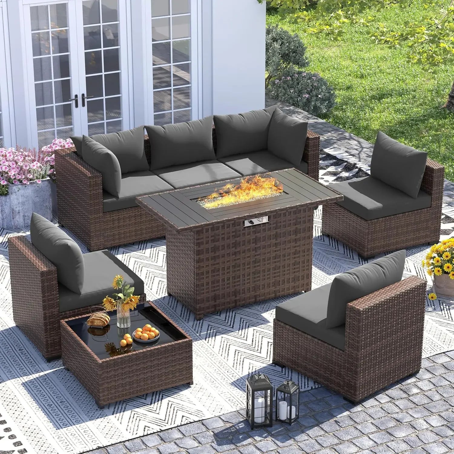 Furniture Set with Fire Pit Table, 8 Piece Sectional Sofas, All-Weather Wicker