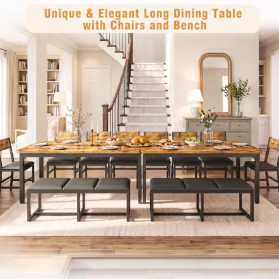 6-Piece Dining Table Set for 6-8, 63'' Long Kitchen Table Cushion Chairs Set with PU Bench and 4 Chairs, Rectangle Dining Table