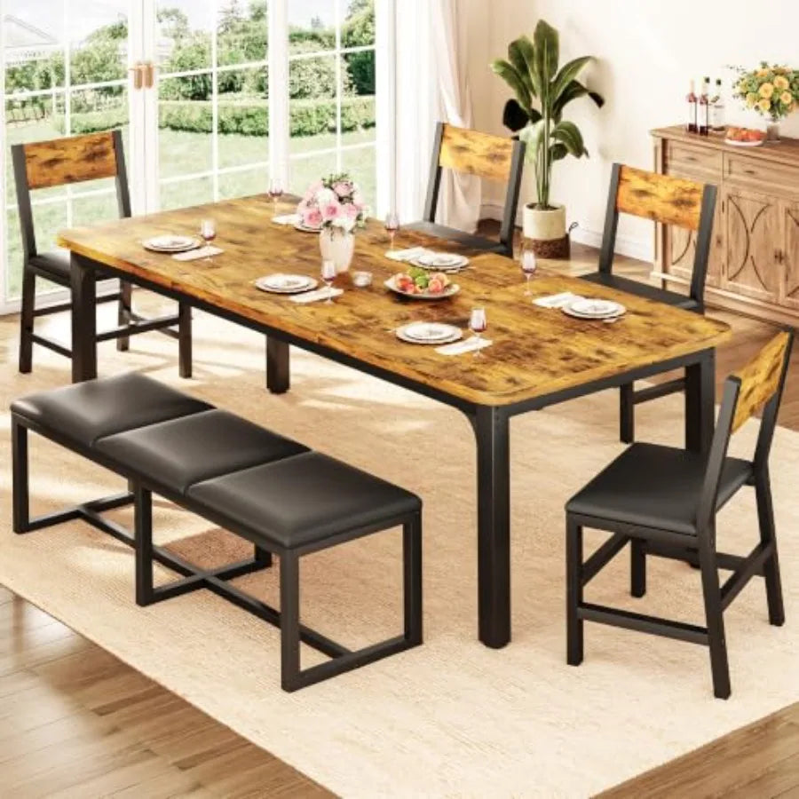 6-Piece Dining Table Set for 6-8, 63'' Long Kitchen Table Cushion Chairs Set with PU Bench and 4 Chairs, Rectangle Dining Table