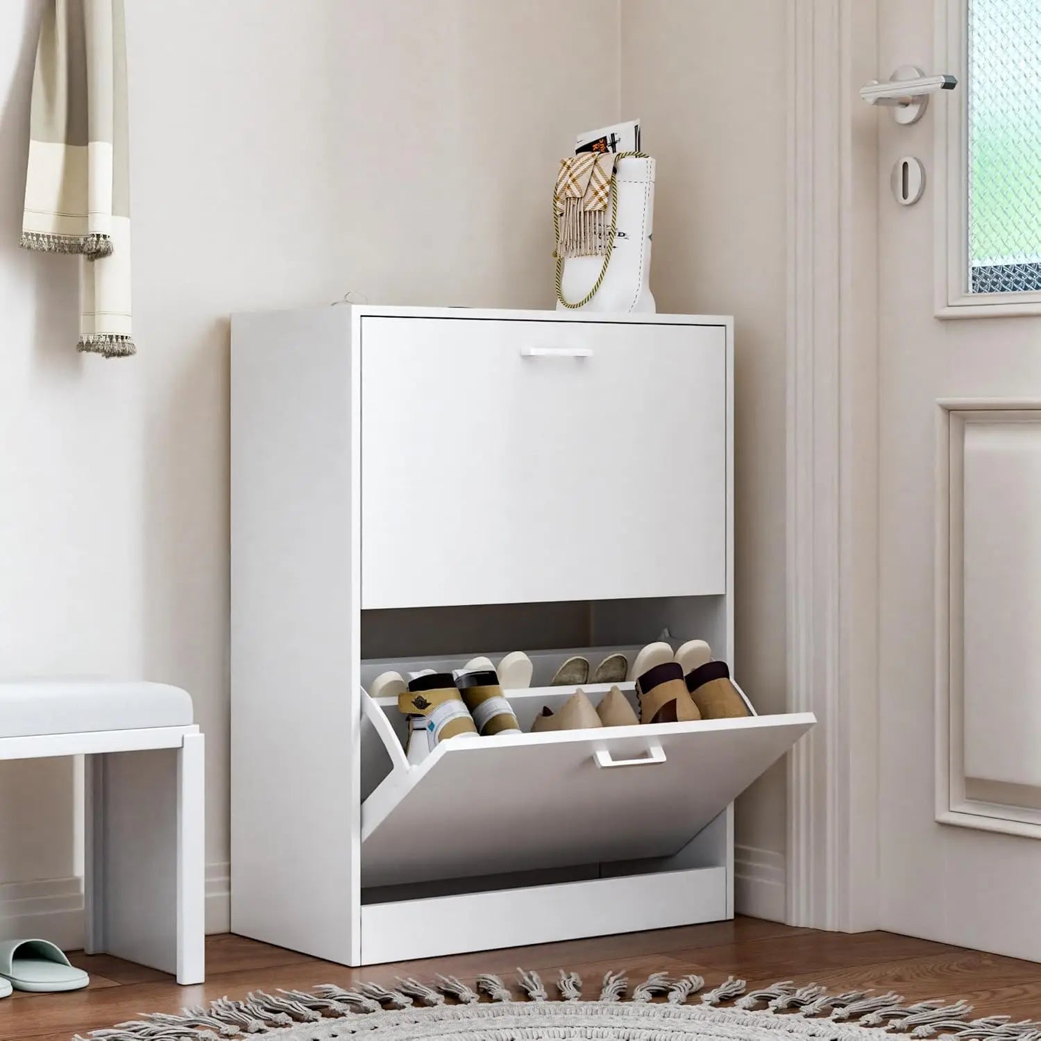 Shoe Cabinet with 2 or 3 Flip Drawers, Hidden Slim Freestanding Shoe Storage Cabinet, Narrow Freestanding Shoe Organizer