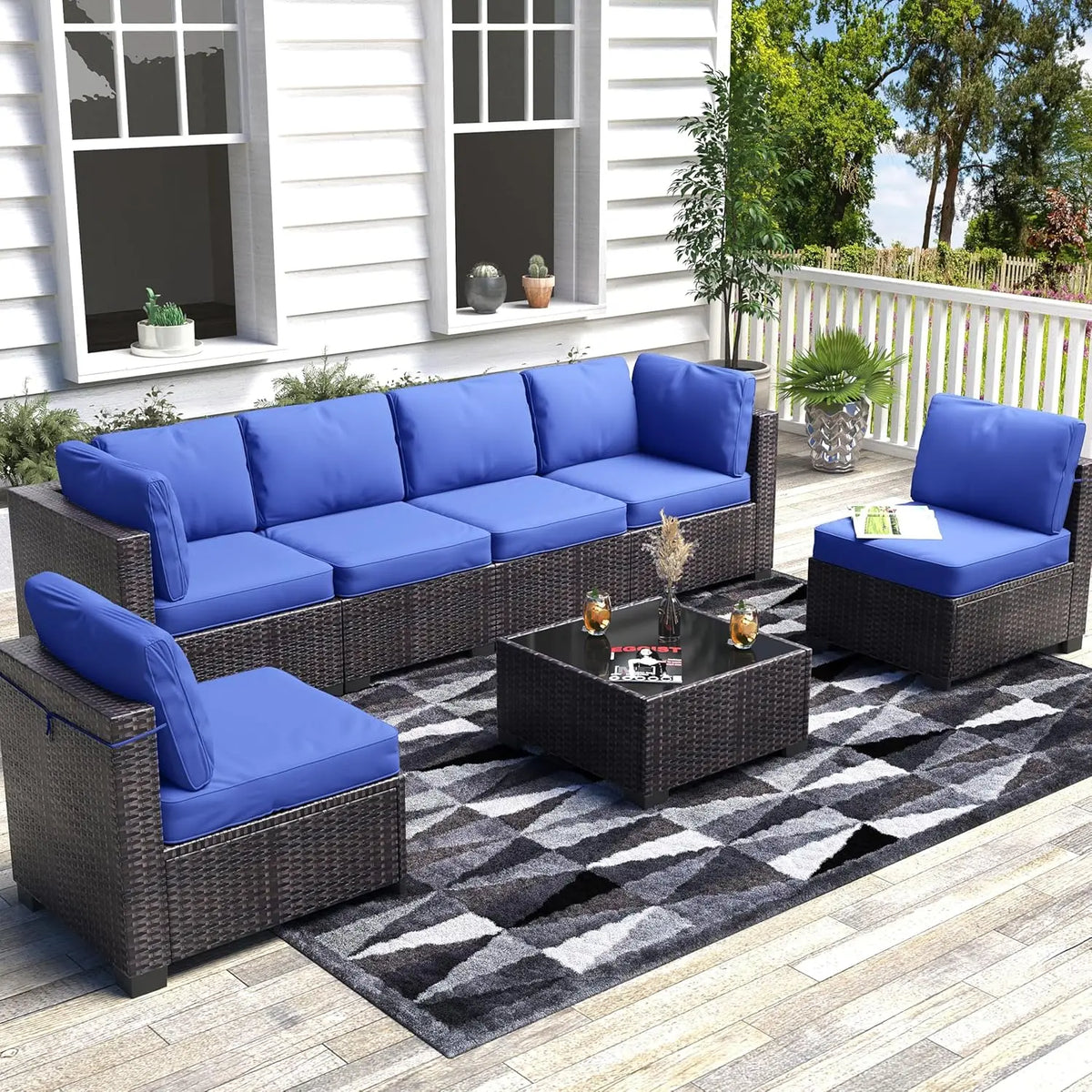 7-Piece Modular Outdoor Furniture Set, PE Rattan Wicker Sectional Modular Conversation Sofa Set
