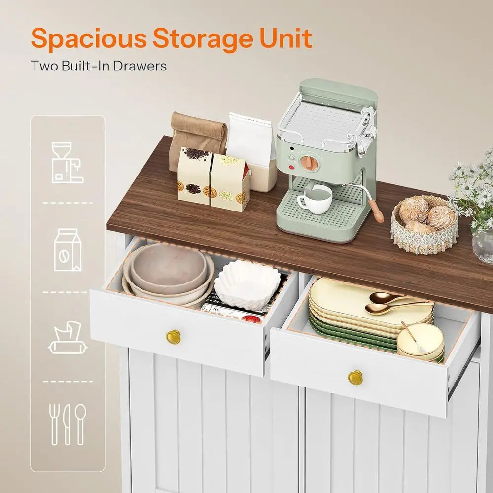Dual Deck Trash Bin Cabinet, Concealed Waste Storage for Kitchen or Laundry, White and Walnut