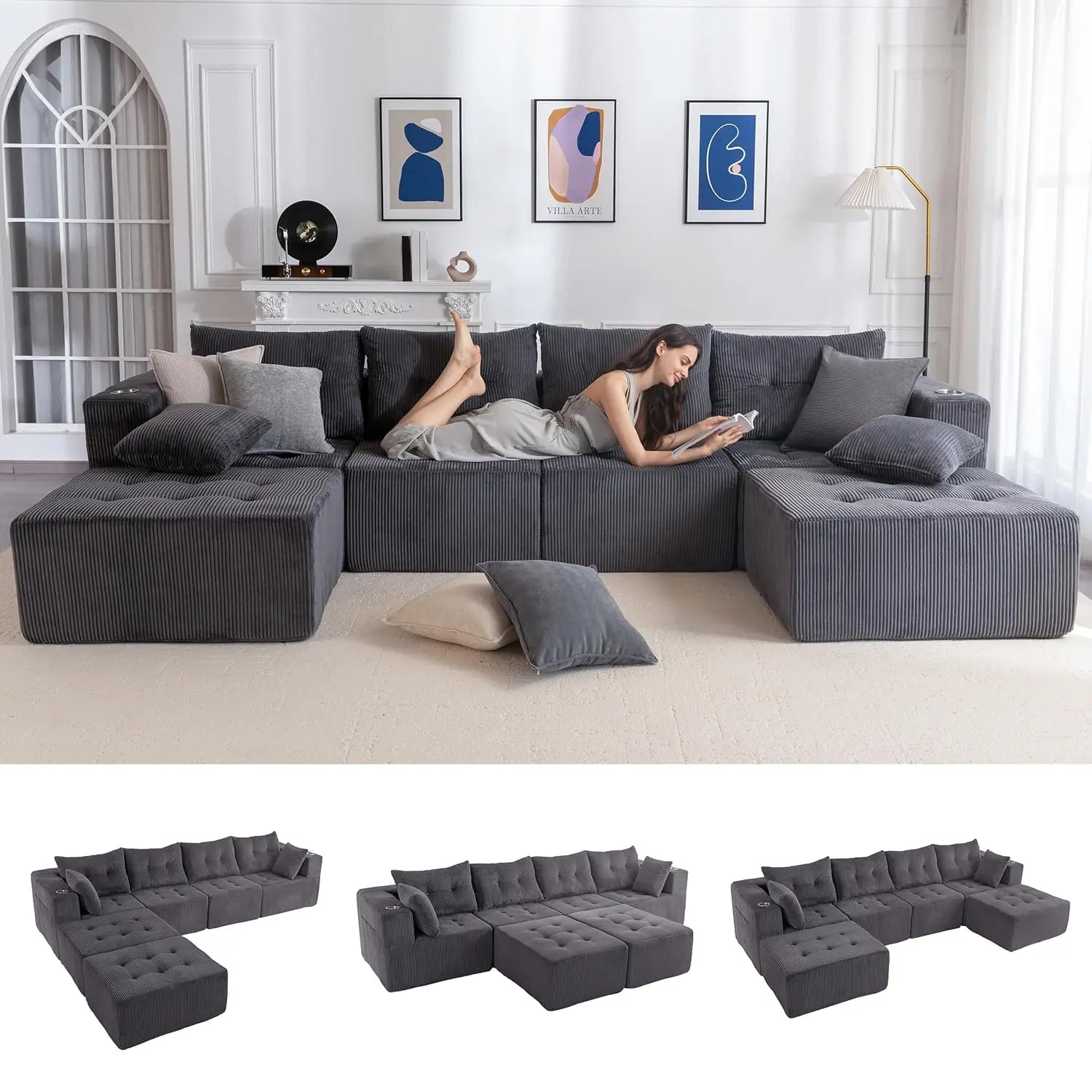 129.5" U Shaped Modular Sectional Sofa with 2 Ottomans Tufted Cloud 6 Seat Sleeper