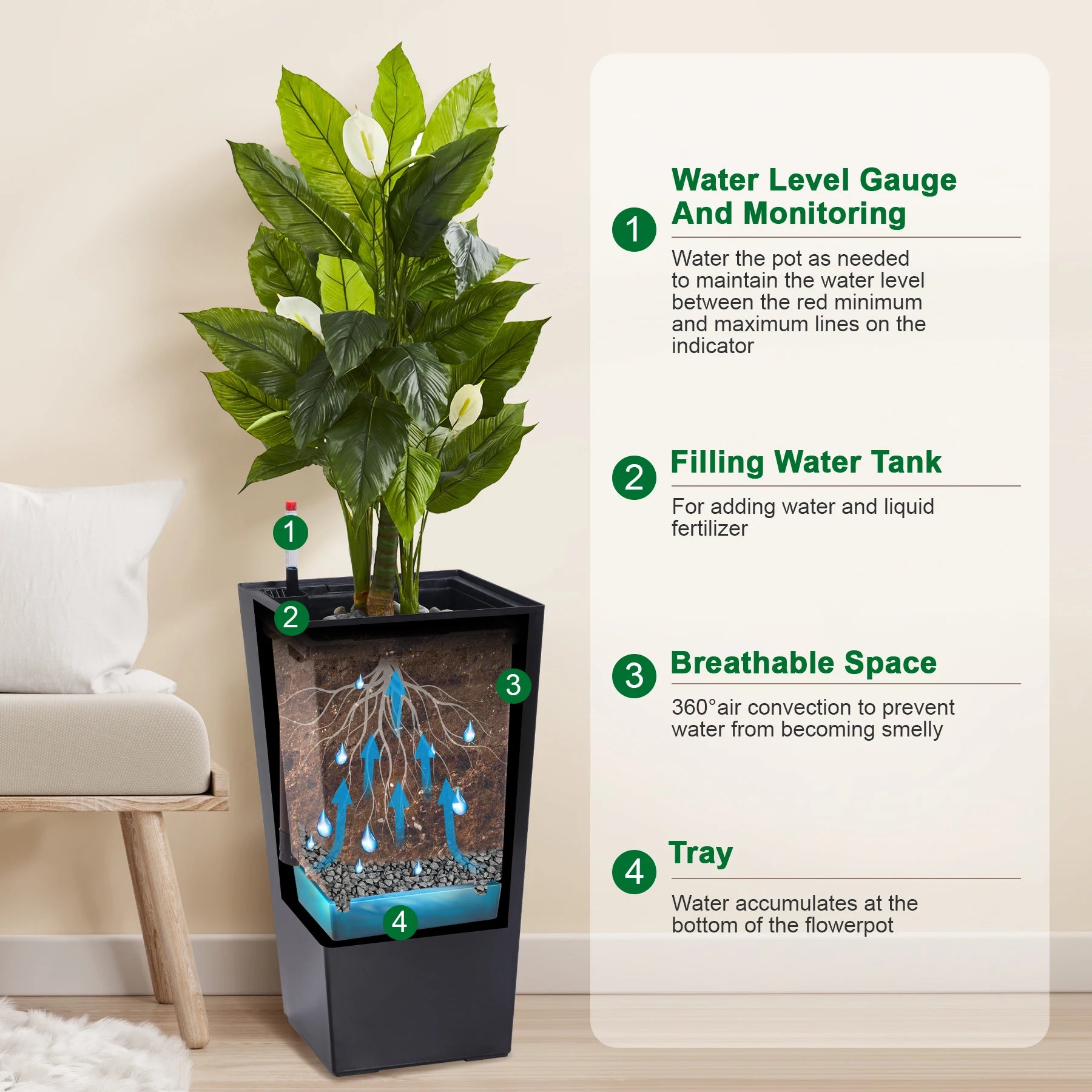 2pcs Outdoor Indoor Planter Pots, High Front Porch Planter Pots with Drainage Holes Auto Watering