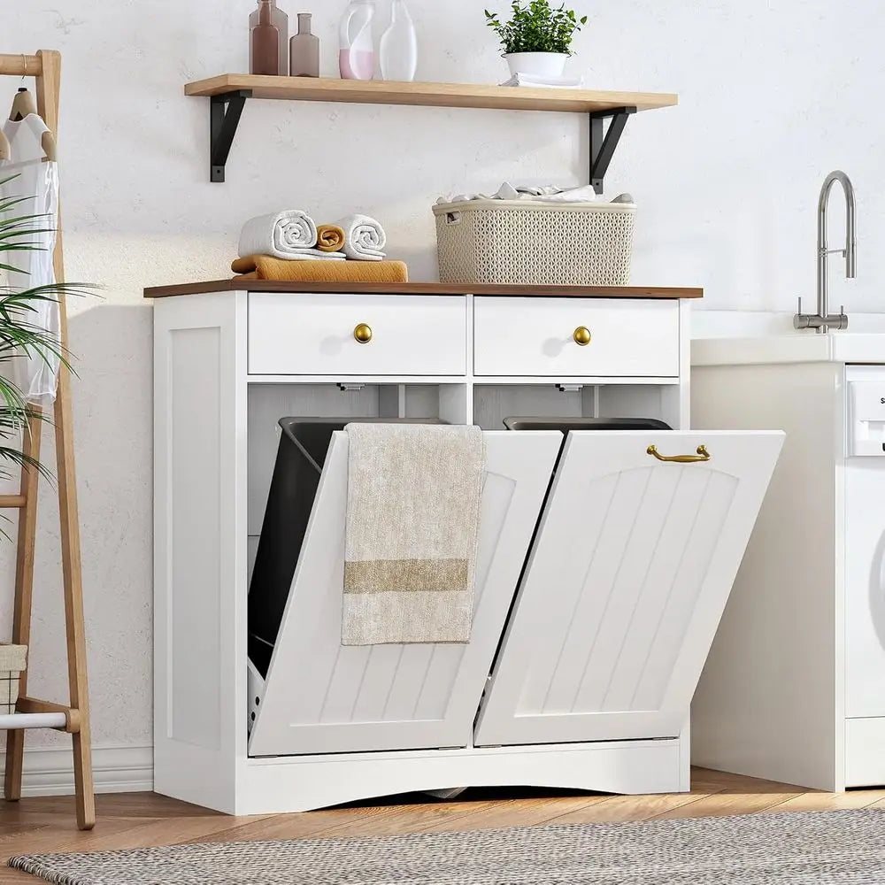 Dual Deck Trash Bin Cabinet, Concealed Waste Storage for Kitchen or Laundry, White and Walnut