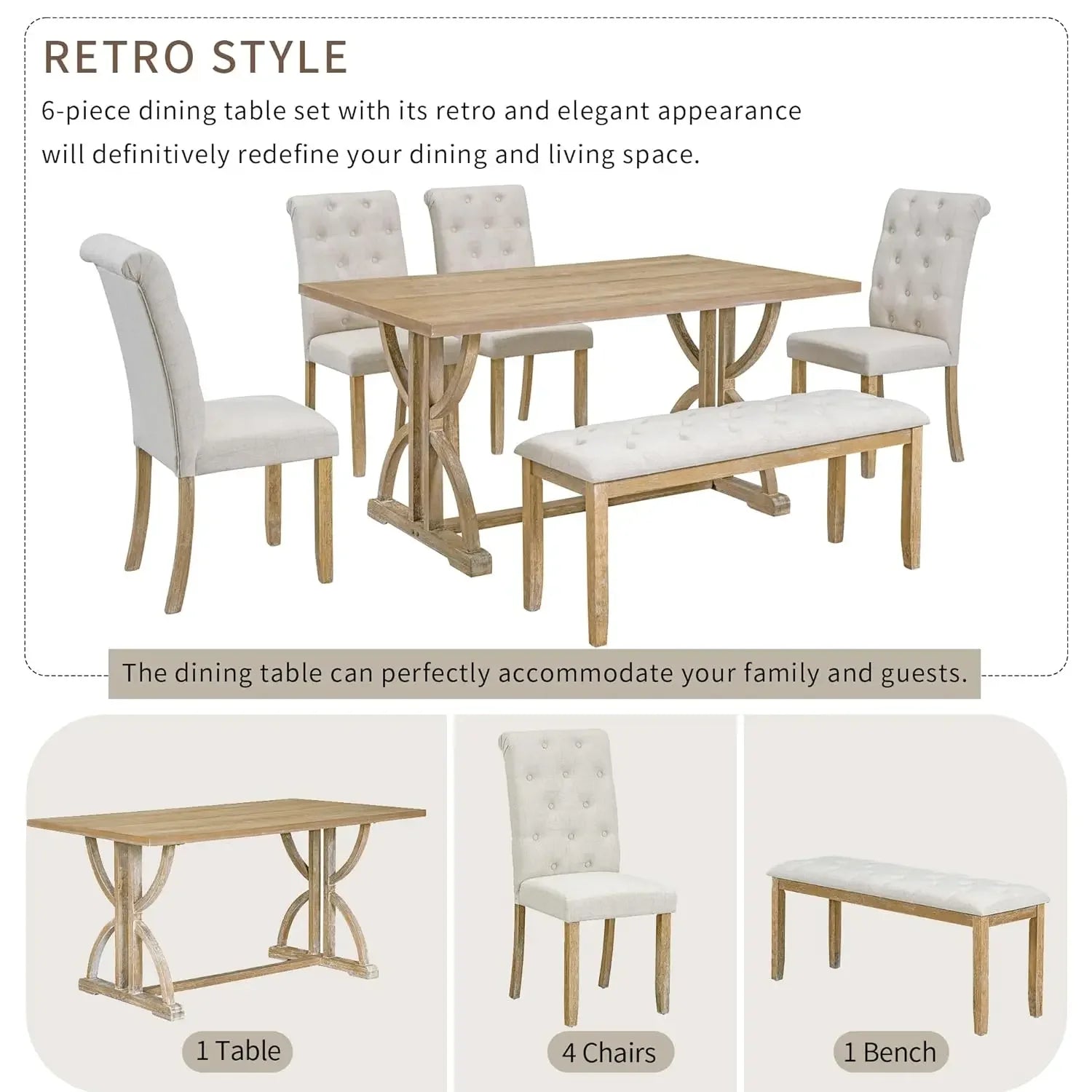 Solid Wood Kitchen Dining Room Table Set with Bench and Chairs for 6 Persons,