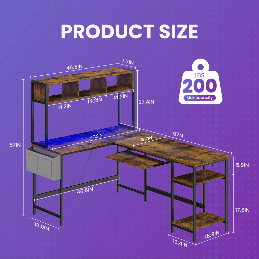 L Shaped Standing Office Computer Desk with LED Lighting Ergonomic Reversible Computer Desks Gaming Table for Home Office Use Workstation