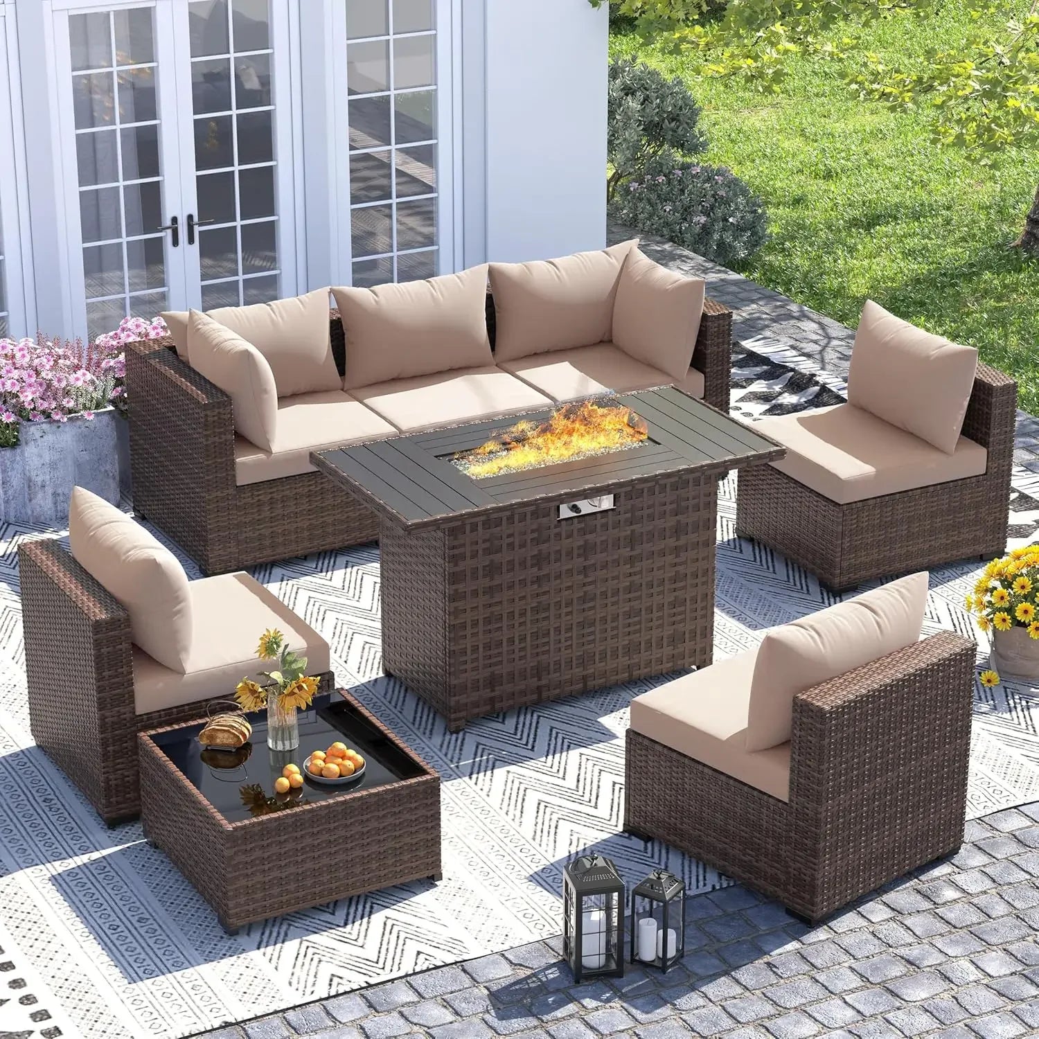 Furniture Set with Fire Pit Table, 8 Piece Sectional Sofas, All-Weather Wicker