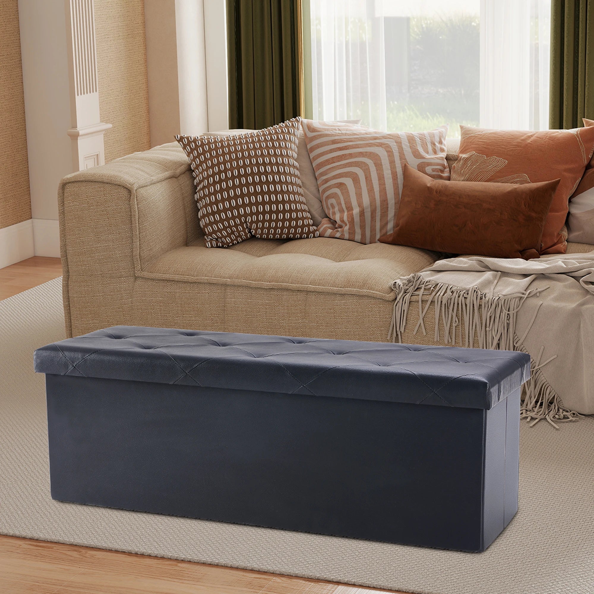 43 Inches Leather Folding Ottoman Storage Footstool Toy Box Bedroom Bench Load 660 lbs Foot Rest