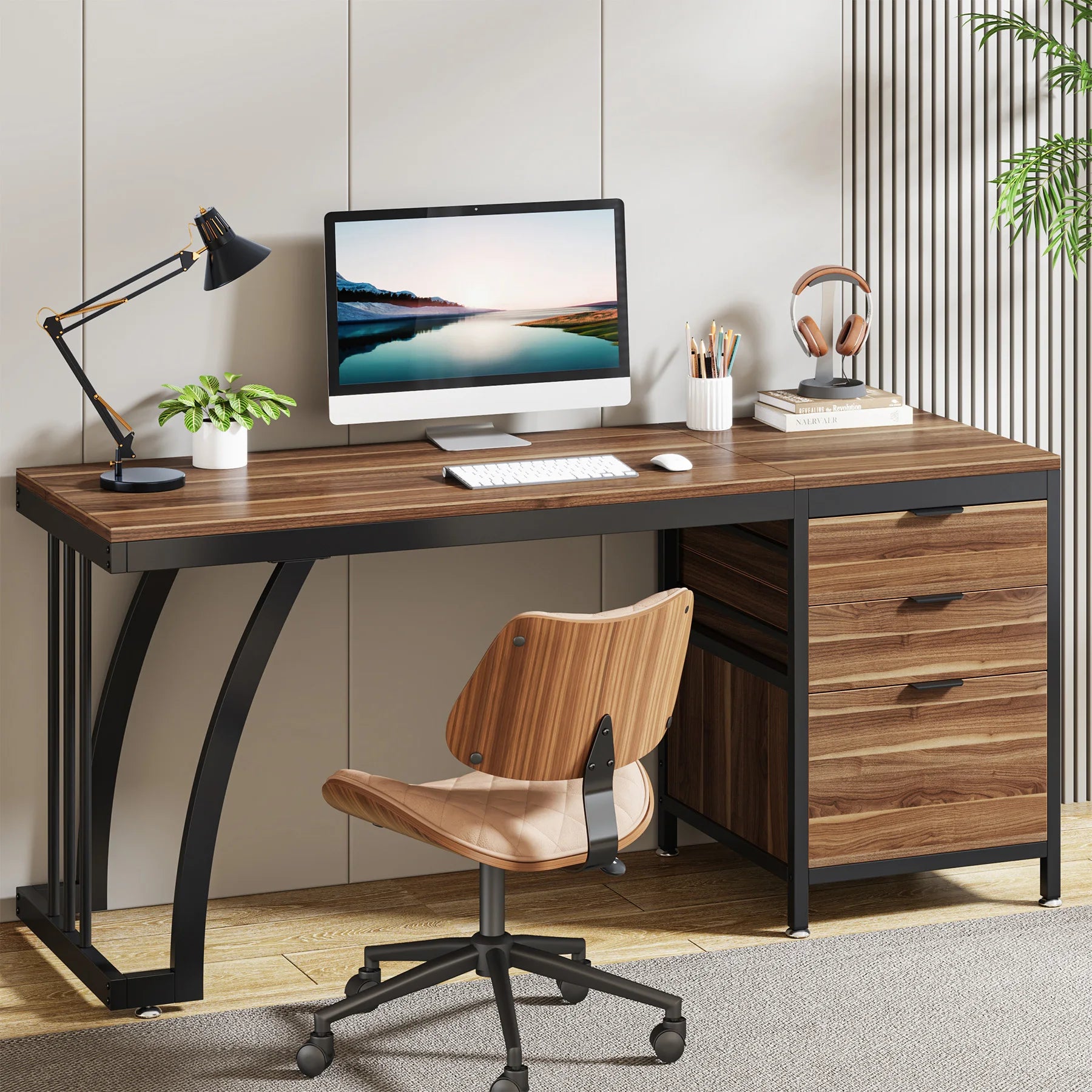 Computer Desk with 3 Drawers, 59-Inch PC Desk with Reversible Drawers, Writing Table Workstation