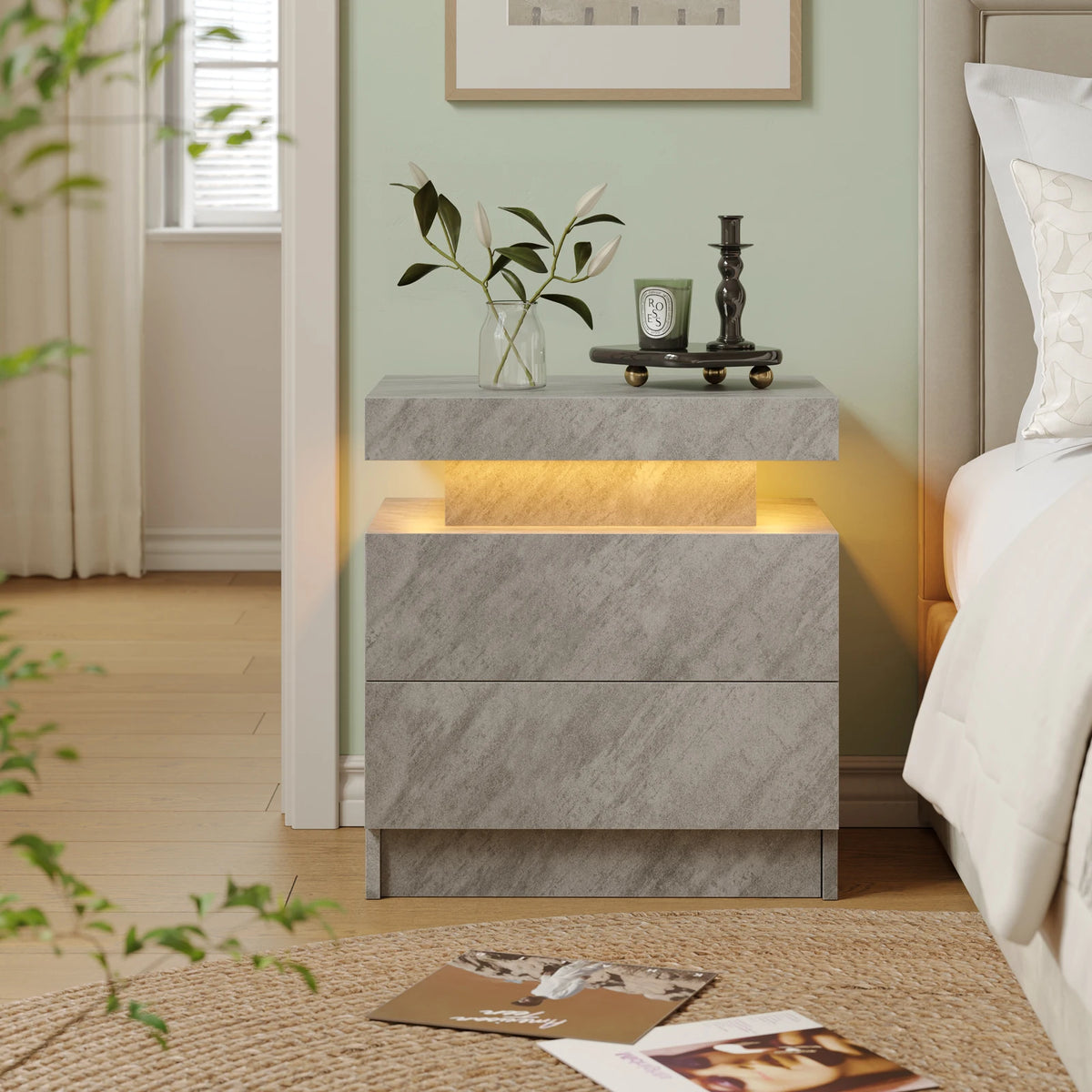 Cube LED Nightstands with 2 Drawers, End Table with RGB LED Lights for Bedroom Living Room, White Bedside Table