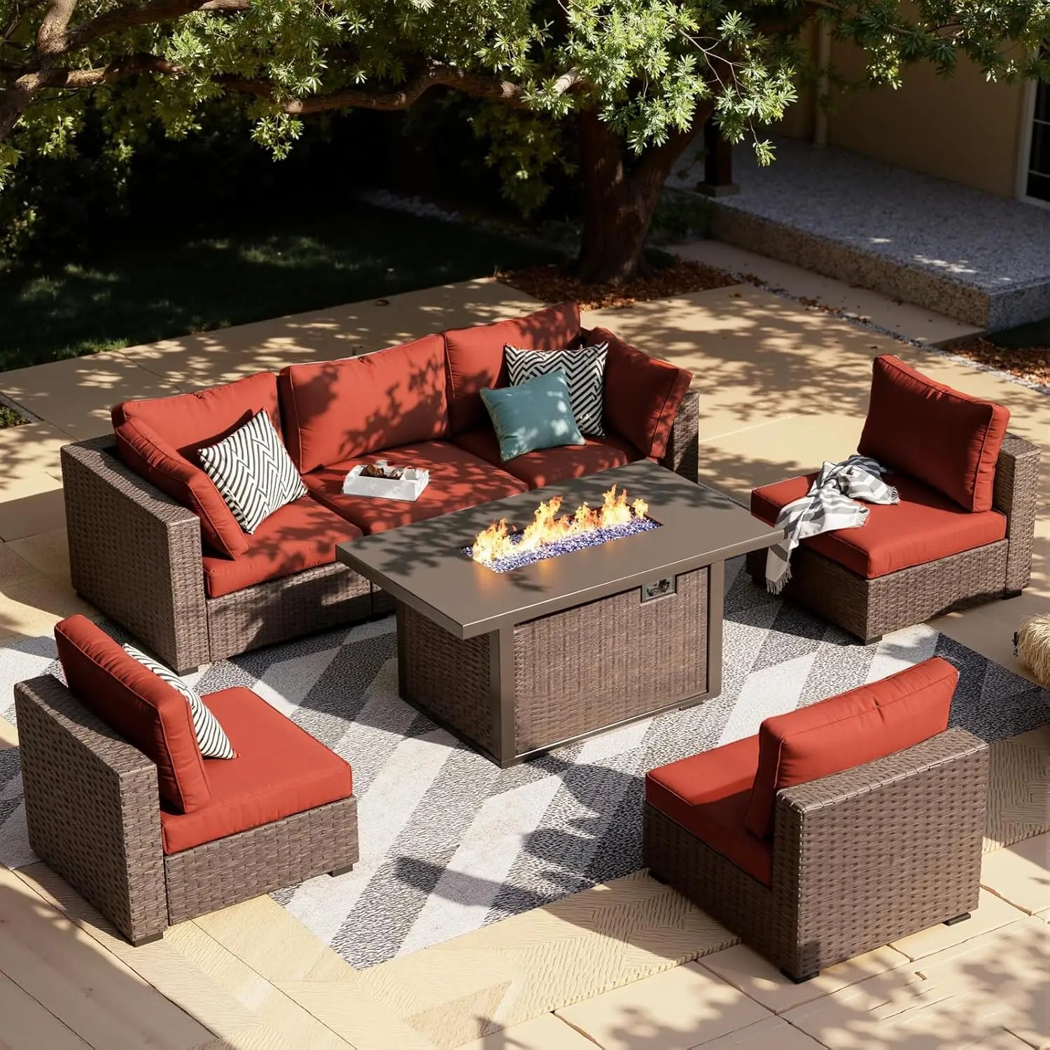 7-Pieces Patio Furniture Sets Outdoor Sectional Sofa with 44'' Propane Rattan Wicker Firepit Table,