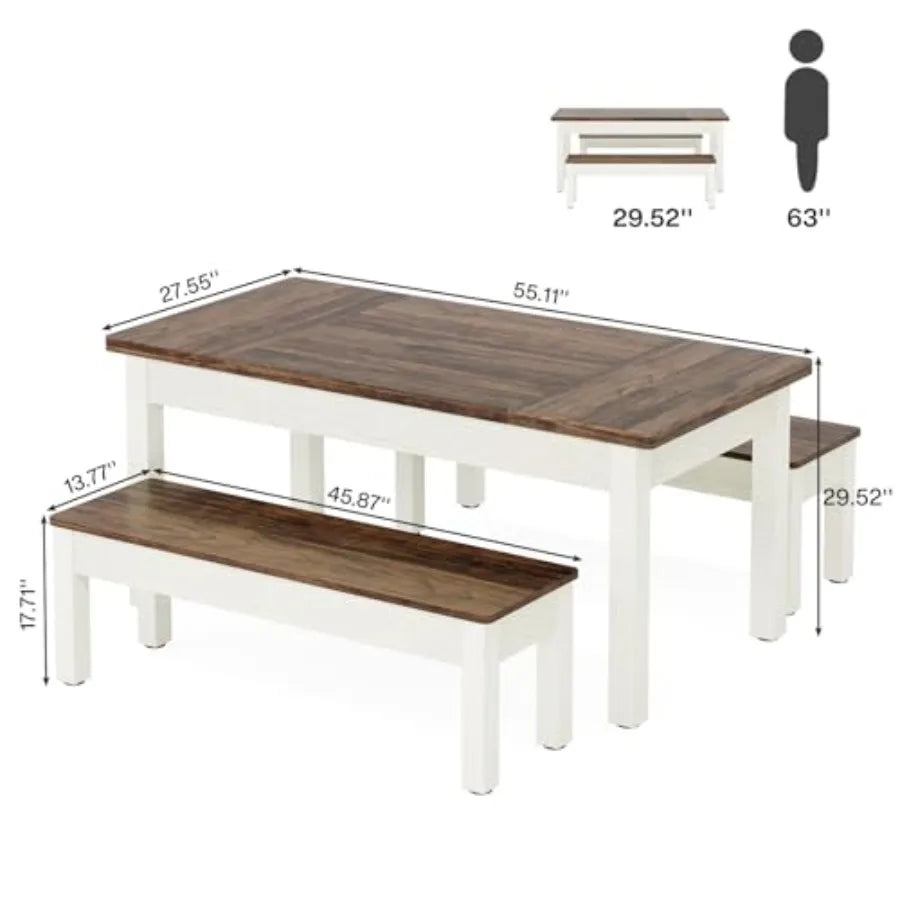 Farmhouse Kitchen Table Set for 4-6, 55-Inch Wooden Dining Table with 2 Benches, Space Saving 3 Pieces Heavy Duty Dinette