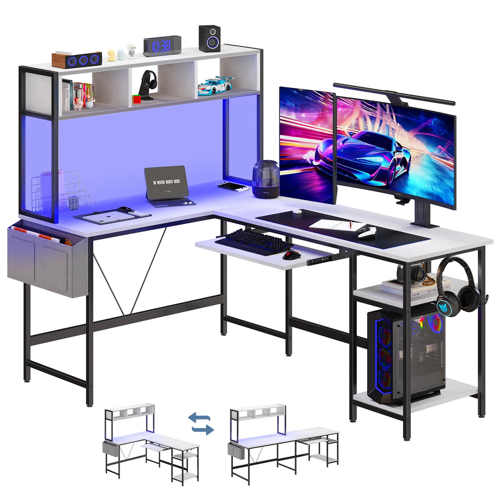 L Shaped Standing Office Computer Desk with LED Lighting Ergonomic Reversible Computer Desks Gaming Table for Home Office Use Workstation
