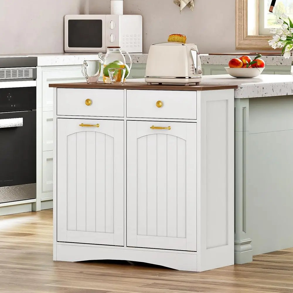 Dual Deck Trash Bin Cabinet, Concealed Waste Storage for Kitchen or Laundry, White and Walnut