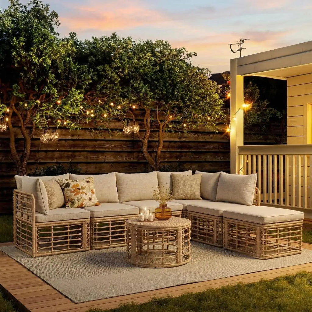 7 Pieces Outdoor Patio Furniture, All-Weather Rattan Sectional Sofa Set with Thick Cushions and Pillows, Freely Combined Conversation Sets for Garden, Backyard, Balcony, Brown