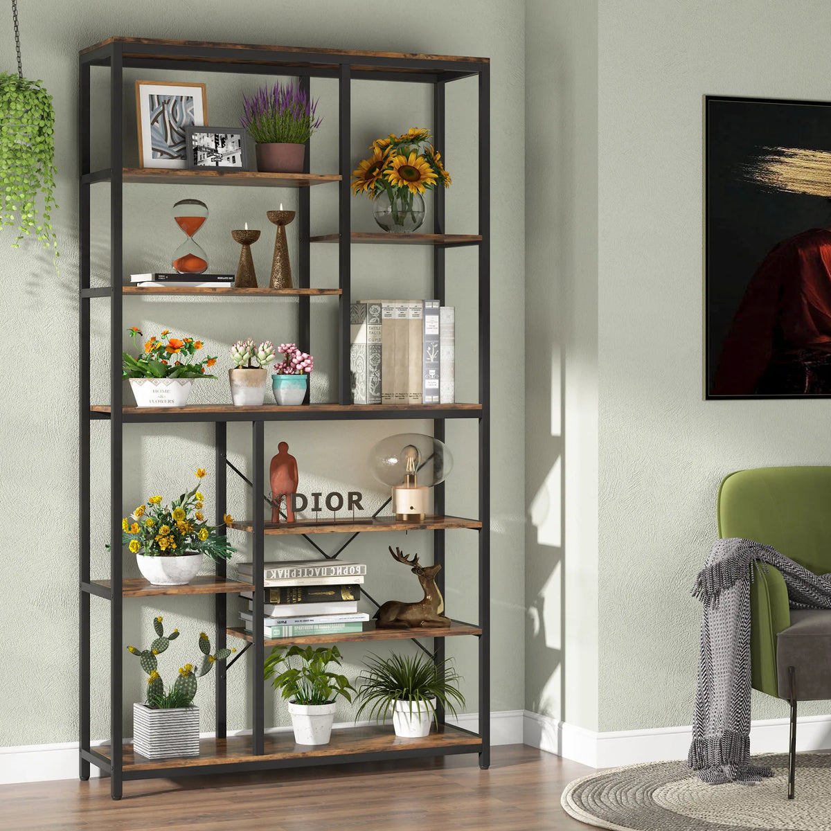 79 Inches Bookcase with Open Shelves, 9-Tier Industrial Bookshelf, 10 Cube Storage Shelves Display Shelf