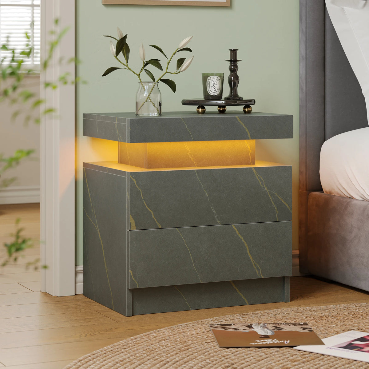 Cube LED Nightstands with 2 Drawers, End Table with RGB LED Lights for Bedroom Living Room, White Bedside Table