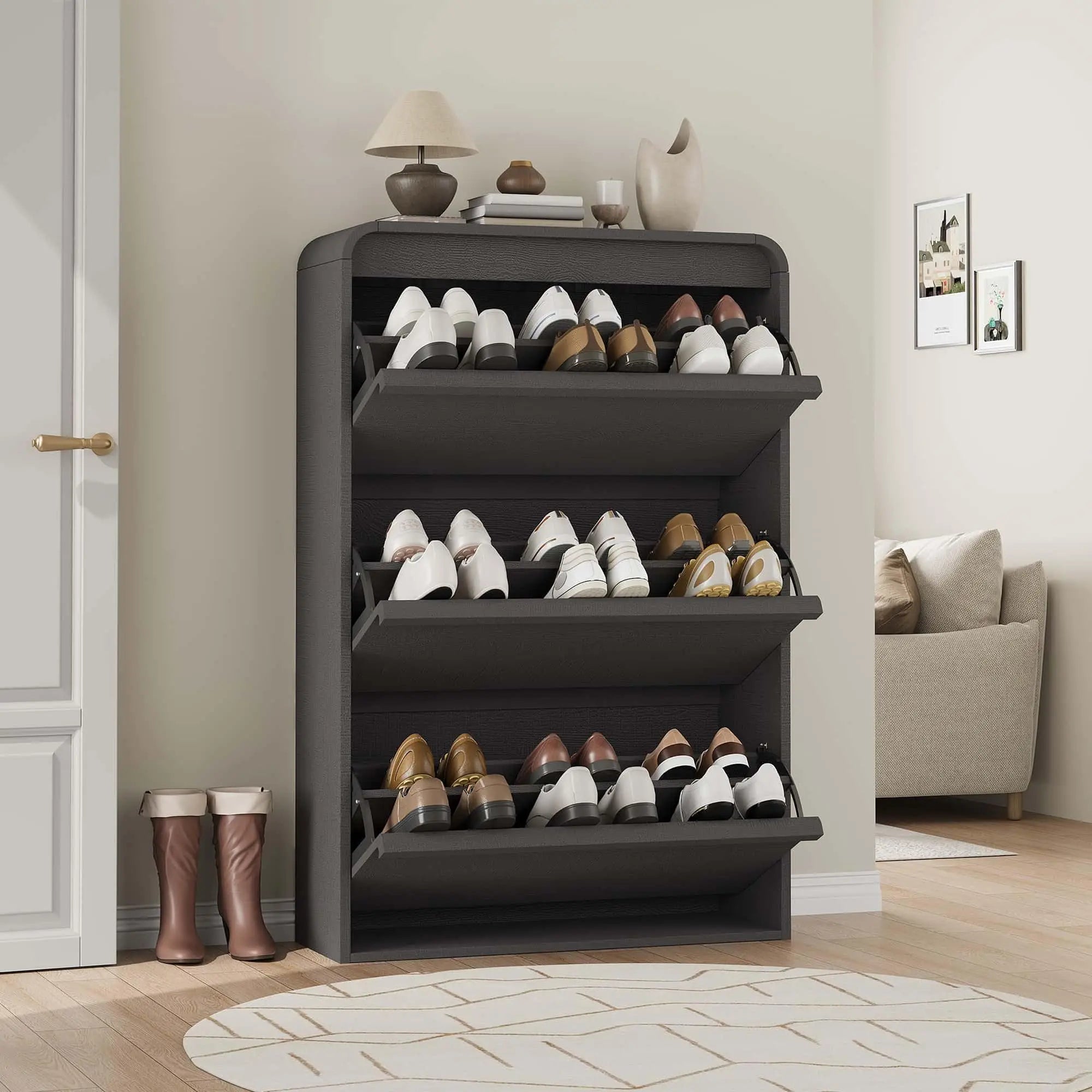 Shoe Cabinet with 3 Flip Drawers, Wooden Shoe Cabinet with Adjustable Shelf