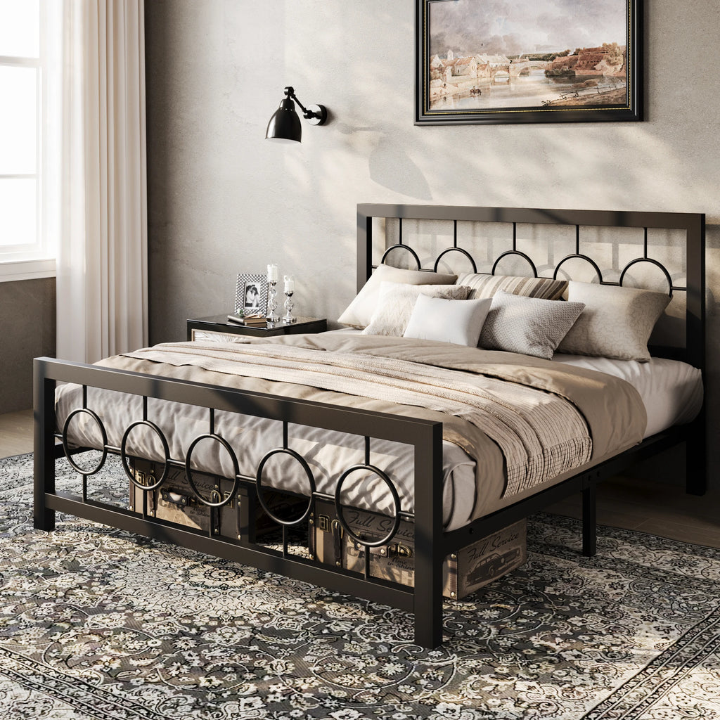 Metal Platform Bed Frame with Vintage Circular Design Headboard and Footboard, Extra Under-Bed Storage