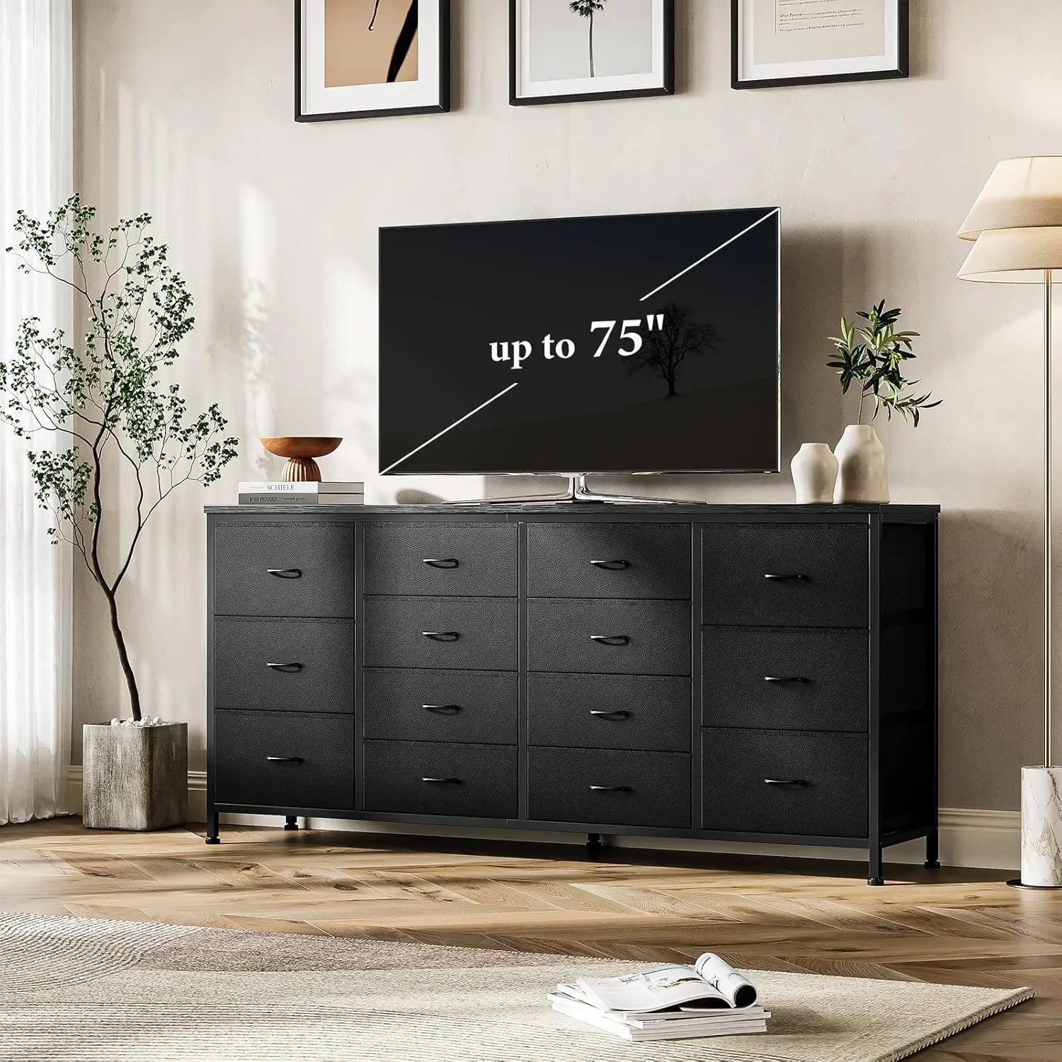 14 Drawer Dresser 63 in Black Fabric Dresser TV Stand with Power Outlet