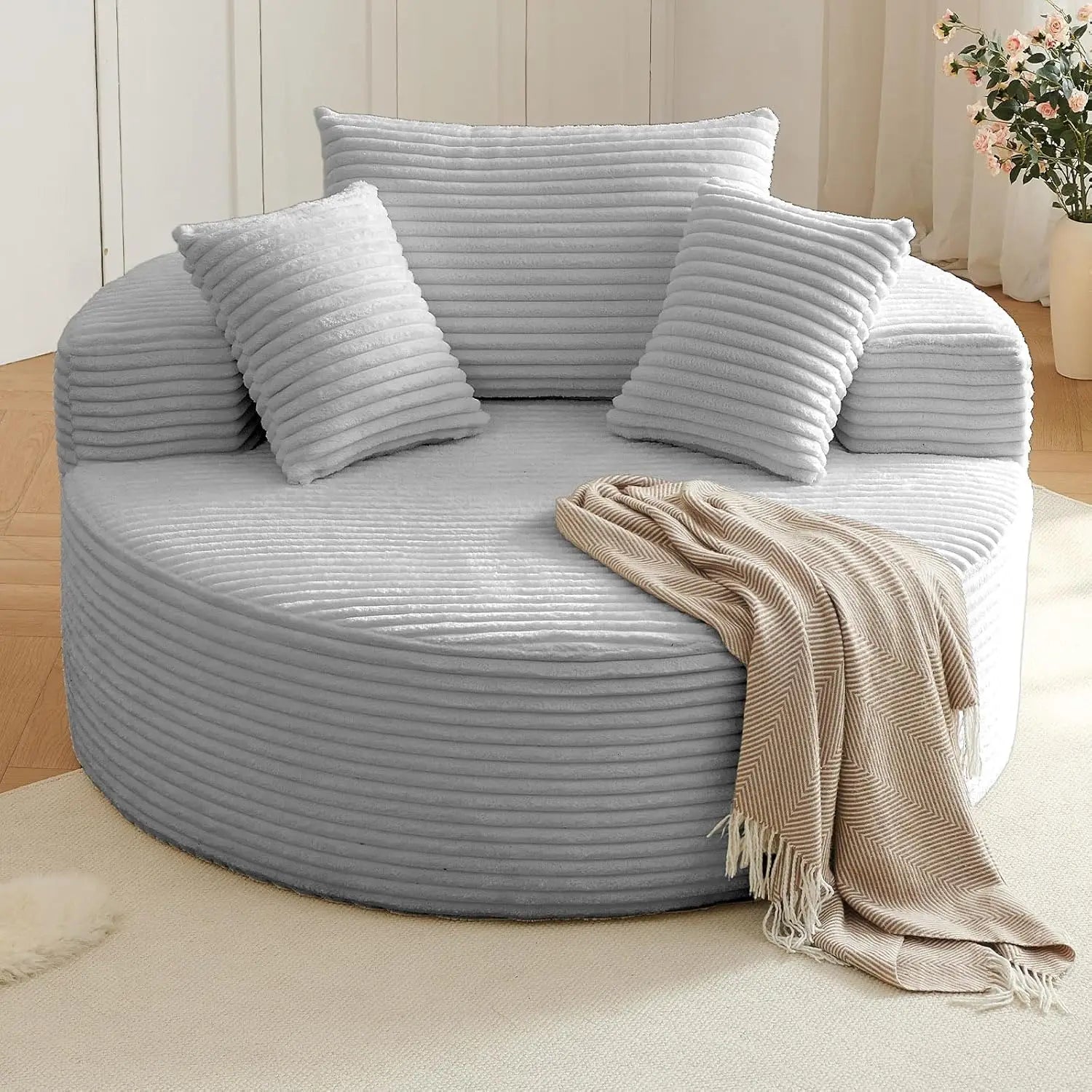 Oversized Round Chair Lounge Chaise, Upholstered Corduroy Deep Seat Cloud Large Circle Sofa Chair.