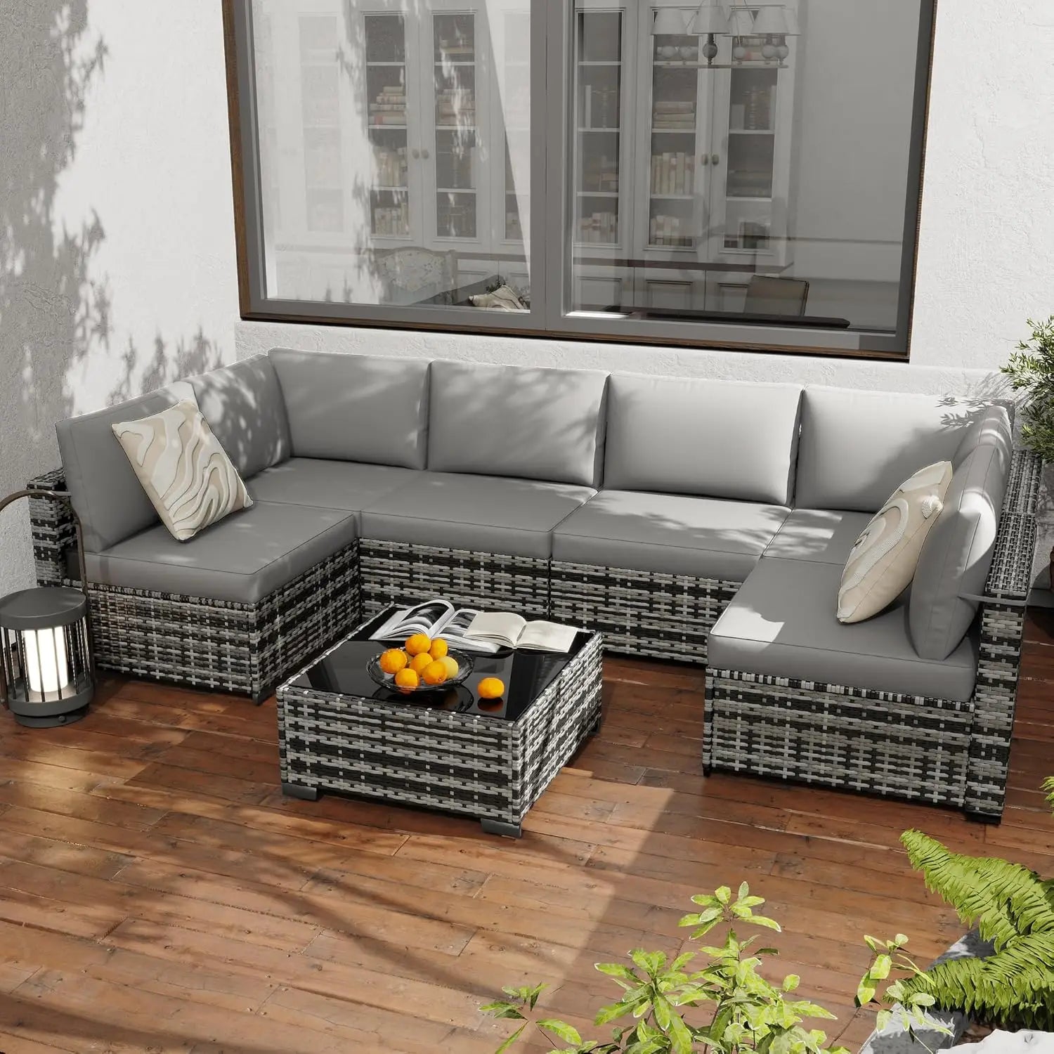 7-Piece All-Weather Rattan Patio Furniture Set Outdoor Modular Wicker Sectional Sofa