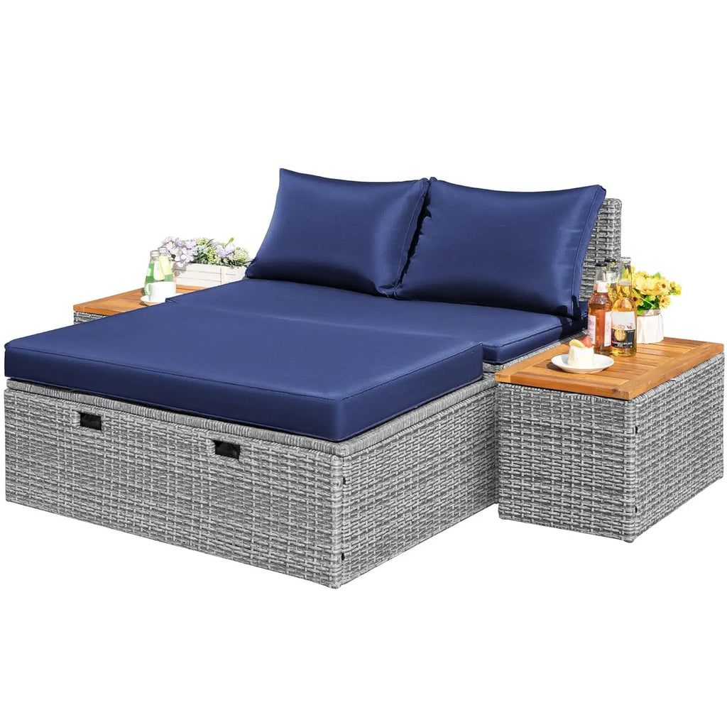 Outdoor Rattan Daybed with 2 Side Tables, with Storage Ottoman