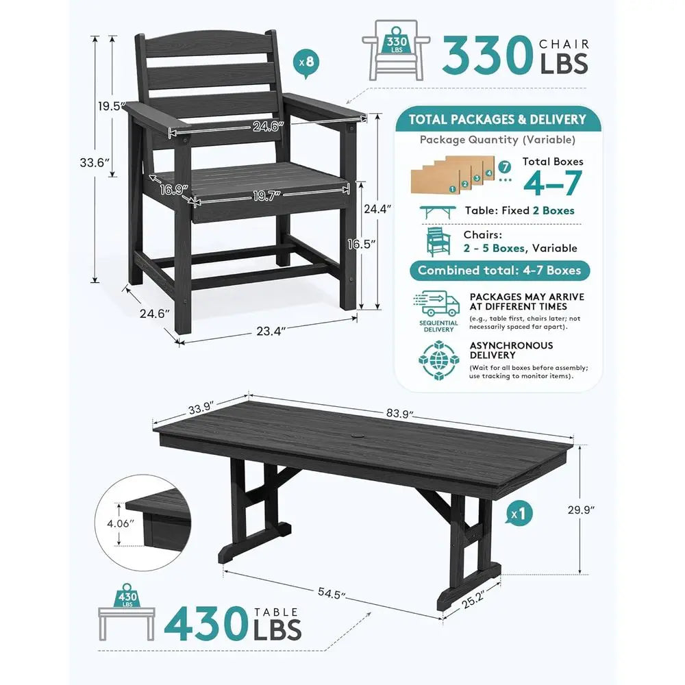 9 Piece Outdoor Dining Set, 84" HDPE Outdoor Table and 8 Chairs